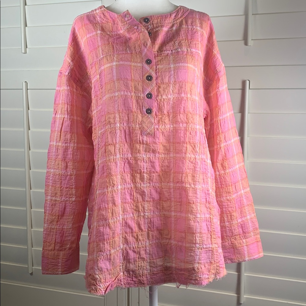 Beach lunch lounge Womens Blouse Top Med NWOT Pink‎ Orange Plaid Long Sleeve